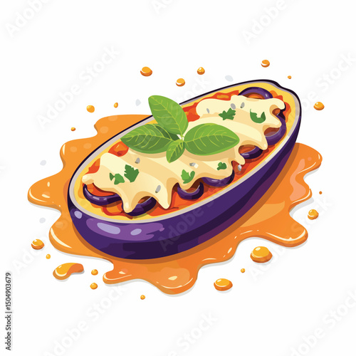 Eggplant Parmesan with Sauce Splash creative isometric illustration with layered dimension and depth cues.