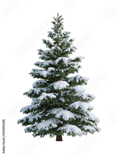 Isolated coniferous green spruce tree with classic pyramidal shape and snow-dusted branches against white background, perfect for winter and holiday designs