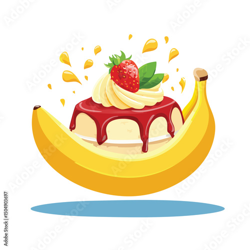 Banana Split with Sauce Splash creative isometric illustration with layered dimension and depth cues.