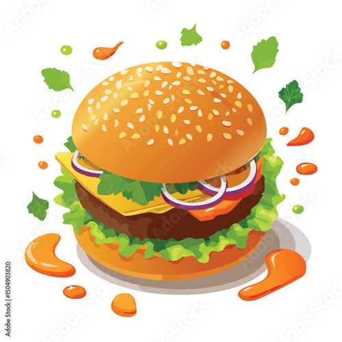 Veggie Burger with Sauce Splash creative isometric illustration with layered dimension and depth cues.