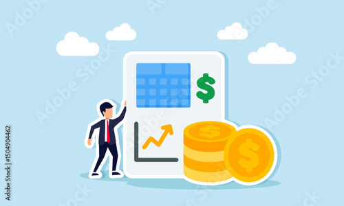 Businessman standing beside financial report with dollar symbol rising graph and coin stacks business performance illustration