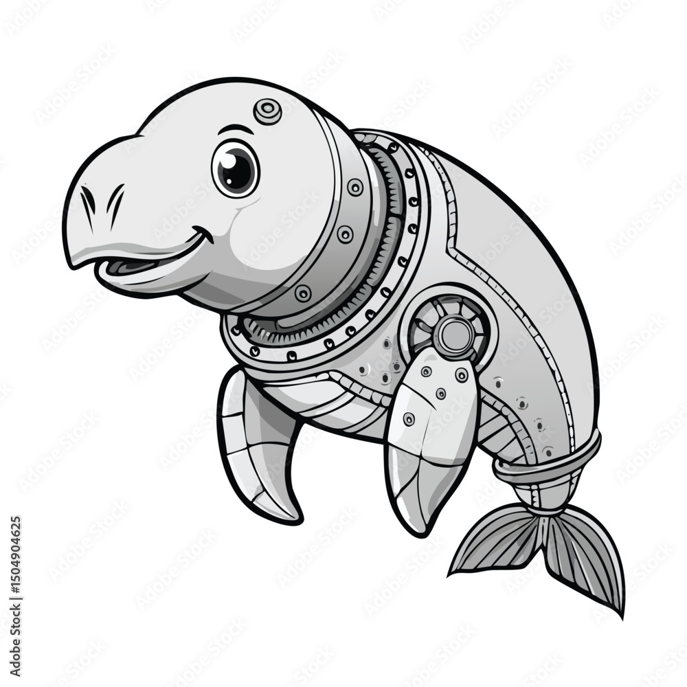 Naklejka premium Manatee Robot vector illustration in hand-drawn sketch style with minimalist detail