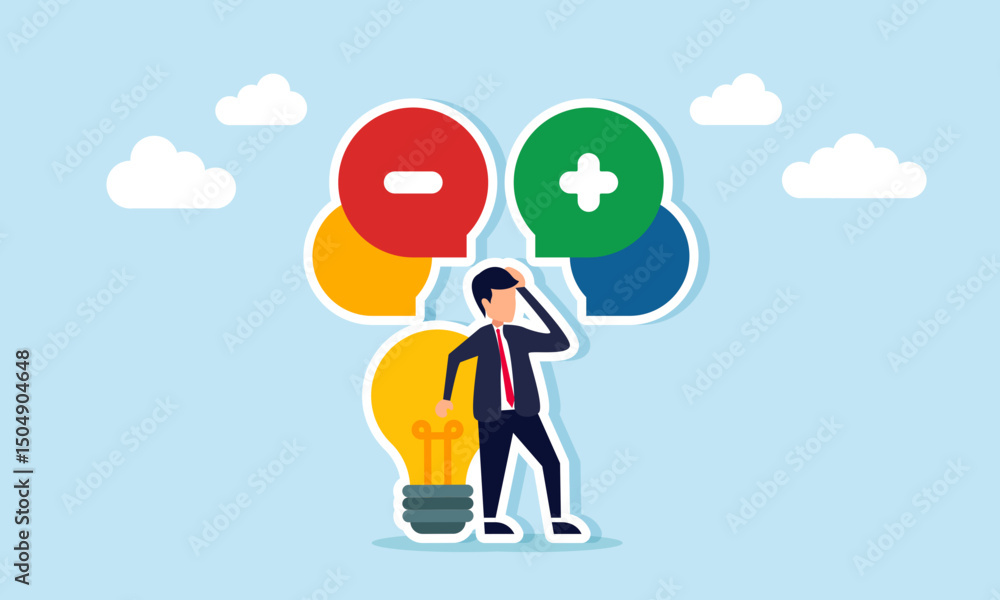 Businessman with light bulb appearing confused with plus and minus chat icons illustrating uncertainty in risk calculation and selecting the right business idea Businessman with light bulb appearing confused with plus and minus chat icons illustrating uncertainty in risk calculation and selecting the right business idea