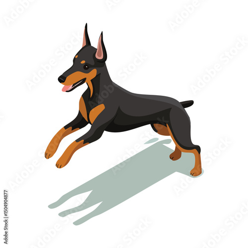 Doberman Pinscher jump Adobe Illustrator Artworkisometric vector illustration with clean geometry and modern design