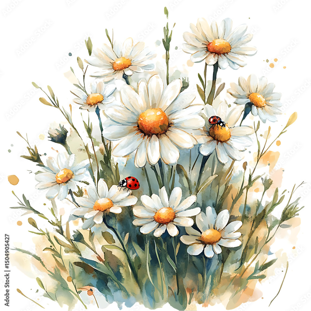 Obraz premium artistic layout of daisies and chamomile with three ladybugs climbing in opposite directions, fairy garden feel, square composition Playful Meadow Ladybugs Botanical Harmony with Ladybugs