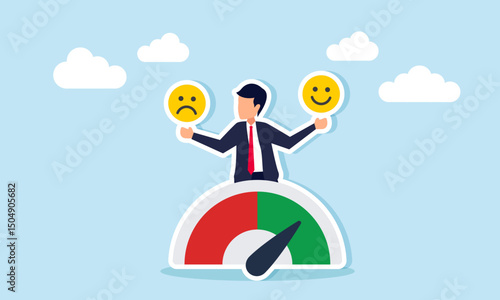 Businessman emerging from performance level indicator holding happy and sad emoticons illustrating confusion in determining business product review results