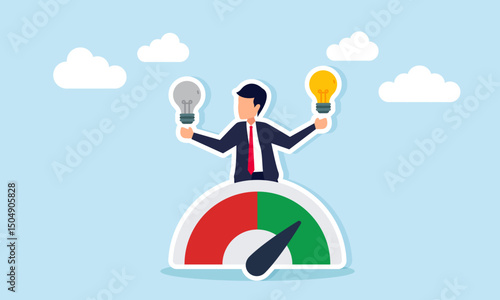 Businessman emerging from performance level indicator holding lit lamp and unlit lamp illustrating confusion in determining the right business idea