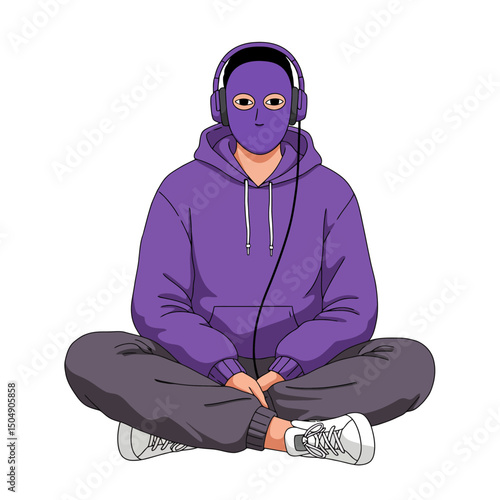 Person Wearing Headphones Sitting Cross-legged with Mask Isolated on White