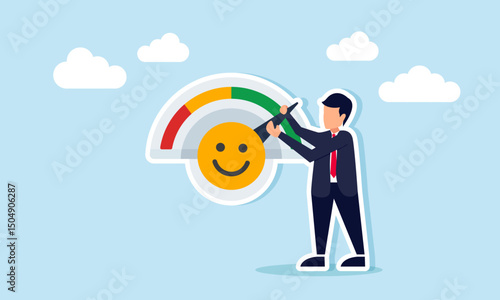Businessman adjusting level indicator machine marked with happy emoticon illustration of market attention response performance to business product