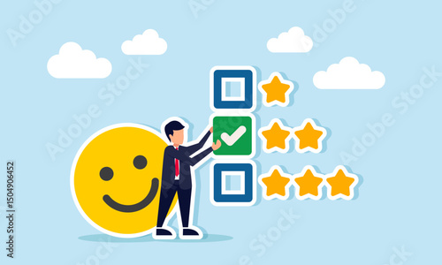 Businessman with happy emoticon placing check mark on star list illustration of progress improving business quality to gain more attention and positive response from public