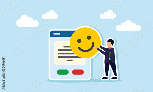Businessman carrying happy emoticon next to application interface illustration of positive response to application use supporting business work efficiency and effectiveness