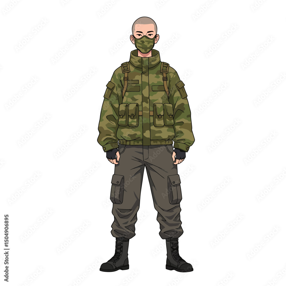 Standing Man Wearing Camouflage Jacket and Mask Illustration on White Standing Man Wearing Camouflage Jacket and Mask Illustration on White