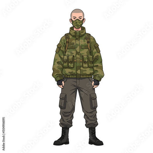 Standing Man Wearing Camouflage Jacket and Mask Illustration on White