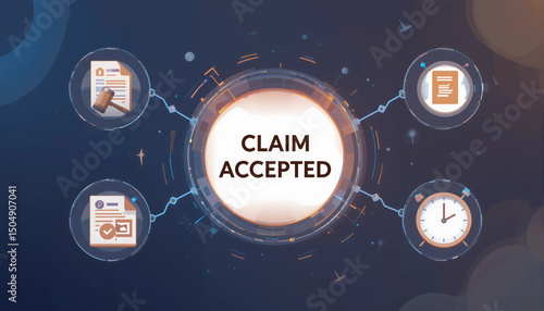 Man working on virtual touch screen presses inscription CLAIM ACCEPTED. Claim Compensation Accepted Management Business Department Concept