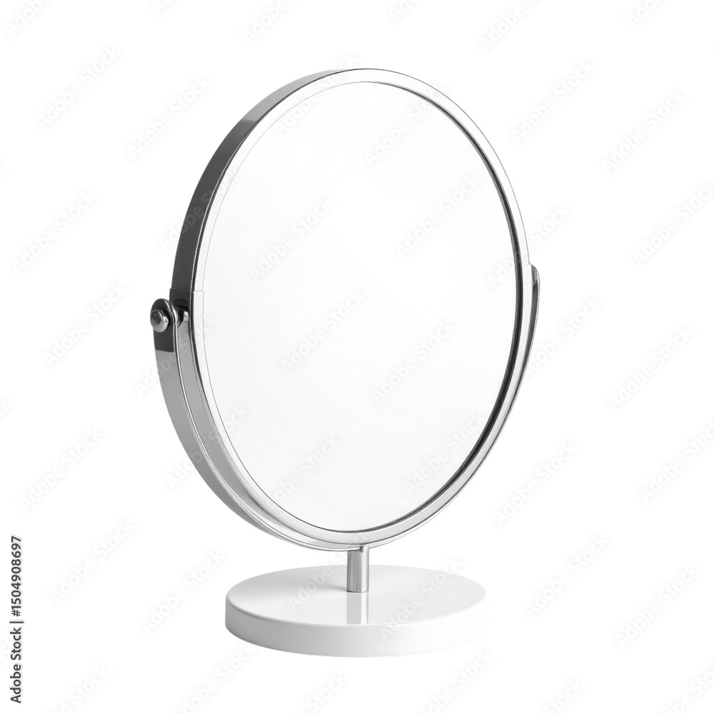 A round tabletop mirror with a metallic frame and a sturdy base, designed for personal grooming or makeup application A round tabletop mirror with a metallic frame and a sturdy base, designed for personal grooming or makeup application