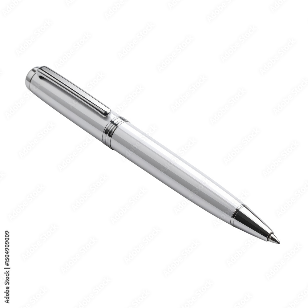 A sleek silver ballpoint pen with a metallic finish and a pocket clip A sleek silver ballpoint pen with a metallic finish and a pocket clip