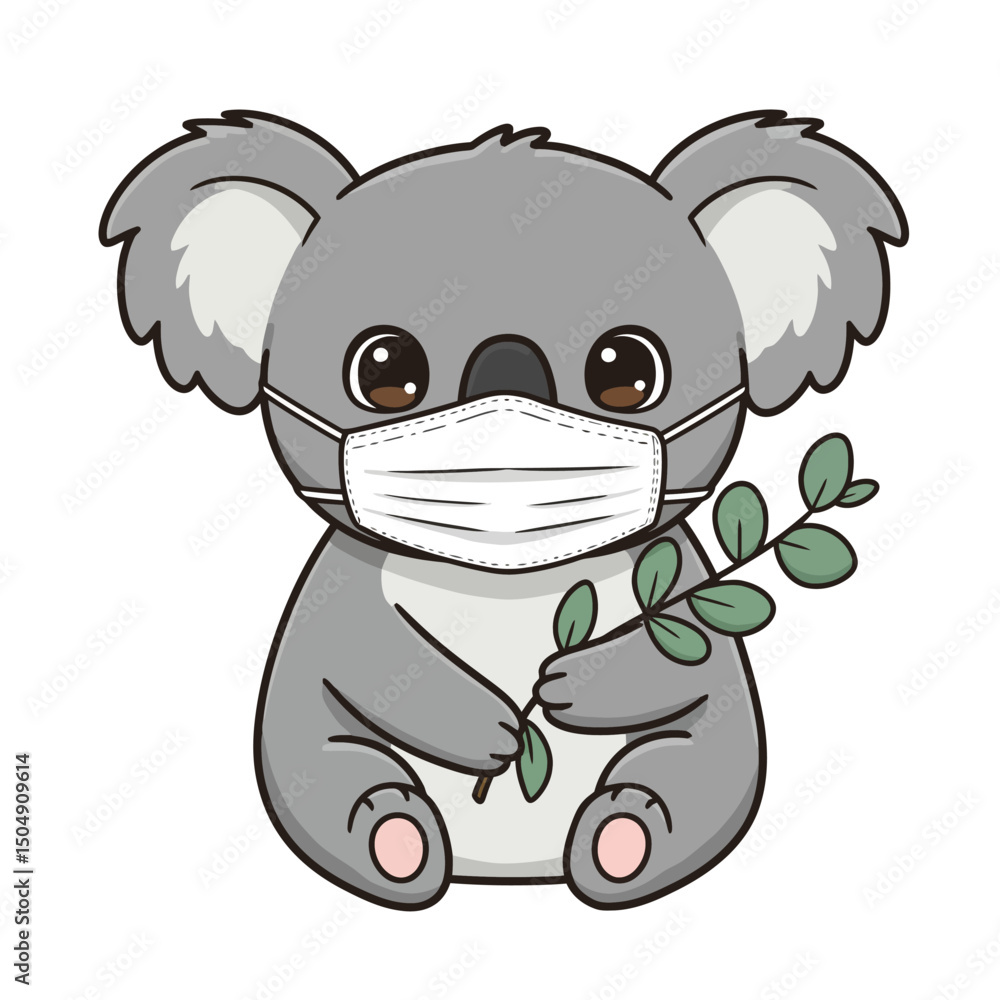 Fototapeta premium Cartoon Koala Wearing Face Mask Holding Eucalyptus Branch Illustration