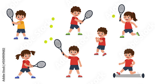 Cartoon children playing tennis with rackets and yellow tennis balls