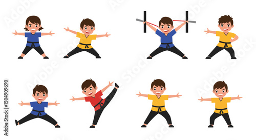 Cartoon martial artists in various stances wearing different colored uniforms