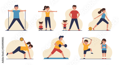 Diverse Family Engaging in Various Active Exercises