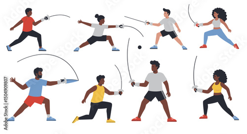 Diverse fencers in action poses with foils wearing protective gear and athletic attire