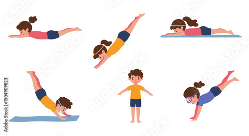 Diverse Children Practicing Various Swimming Poses
