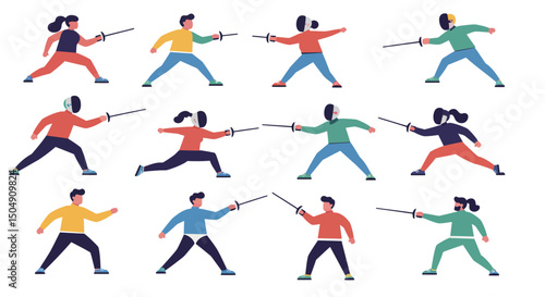Diverse Fencing Athletes Engaged in Dynamic Competition