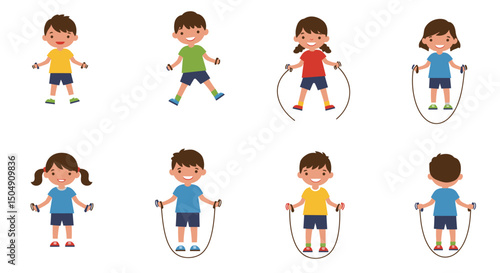 Diverse group of cartoon children skipping with jump ropes smiling and having fun