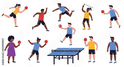 Diverse group of people playing table tennis with paddles and a ping pong table