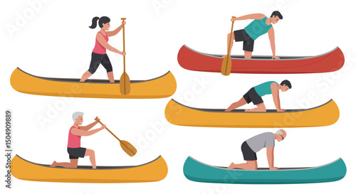 Diverse Individuals Canoeing Active Seniors and Young Adults Paddling