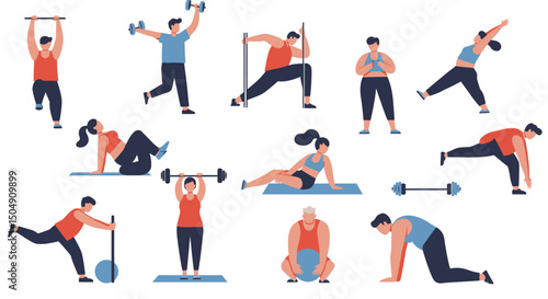 Diverse Individuals Engaging in Various Fitness Exercises and Workouts