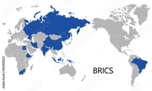 世界地図とBRICSの加盟国、2025年5月現在、大平洋