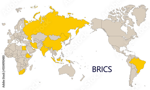 世界地図とBRICSの加盟国、2025年5月現在、太平洋