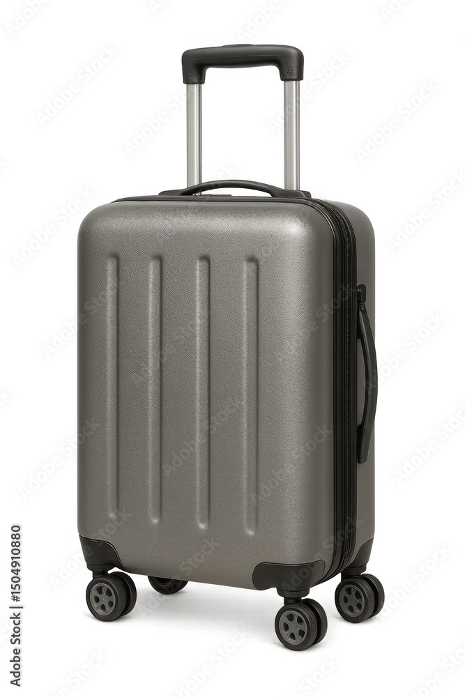 Sleek gray travel suitcase standing vertically, showcasing contemporary design against transparent background Sleek gray travel suitcase standing vertically, showcasing contemporary design against transparent background