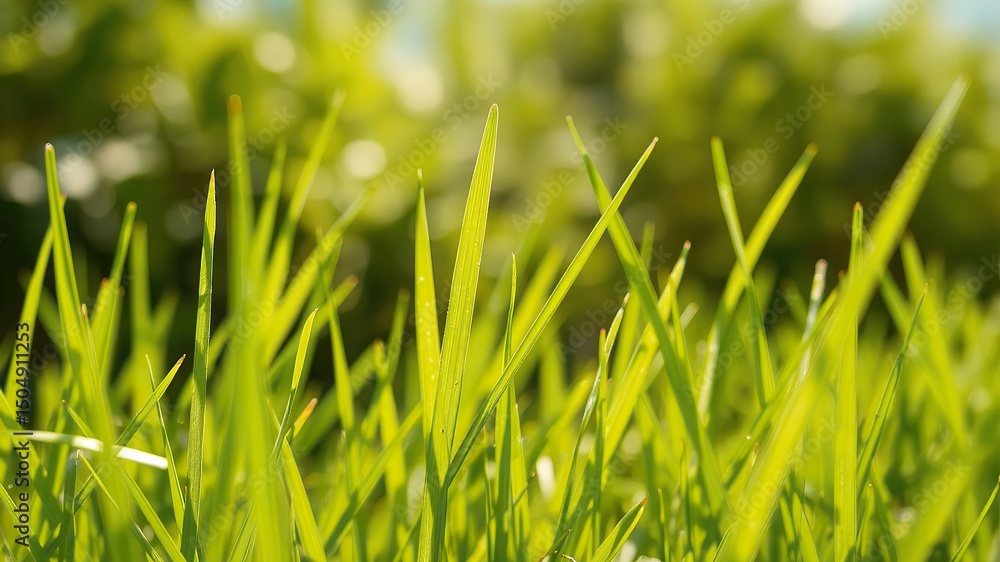 Obraz premium A beautifully detailed macro shot of fresh green grass with morning sunlight shining through. The image captures the natural texture, dew, and freshness of a healthy lawn, ideal for nature, gardening,