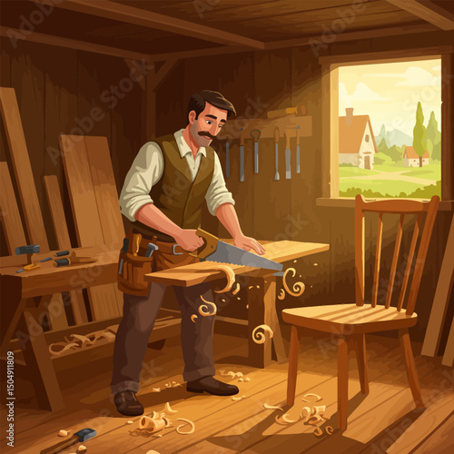 Carpenter Sawing Wood in Workshop Crafting Chair with Rural View
