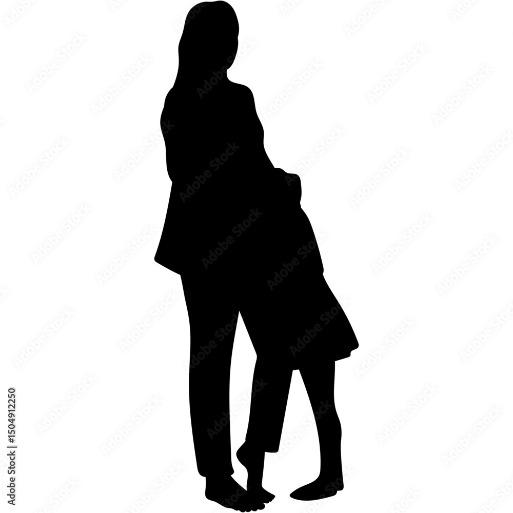 Fototapeta premium Mother and Daughter Silhouette. Mother and Children in Silhouette. A mother and child holding hands walking together silhouette black filled vector Illustration.