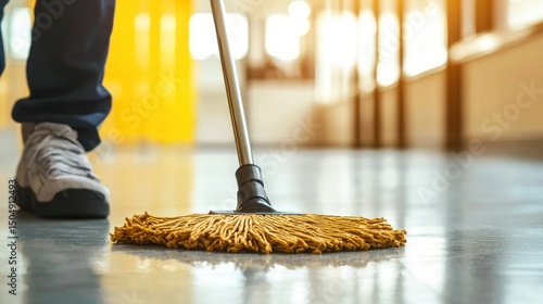Wallpaper Mural A person mopping a floor with a yellow mop in a hallway with yellow walls and windows. Torontodigital.ca