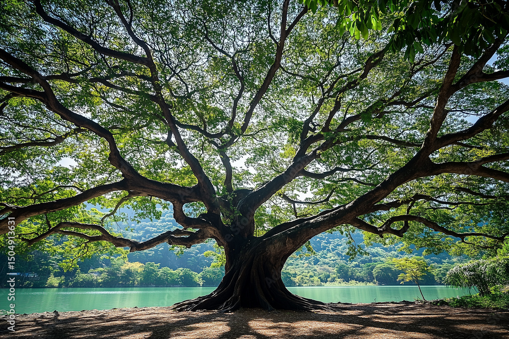 Fototapeta premium Giant rain tree over calm water landscape