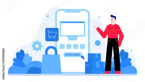 Man using a mobile app to make a purchase, suitable for advertising, ecommerce websites, technology blogs, online payment platforms, digital marketing materials.