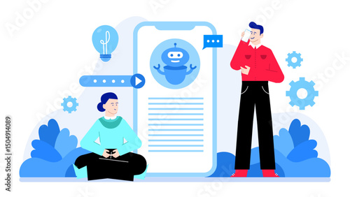 Two people using a mobile app with a blue robot. Suitable for technology blogs, social media marketing, chatbots promotion, digital innovation.