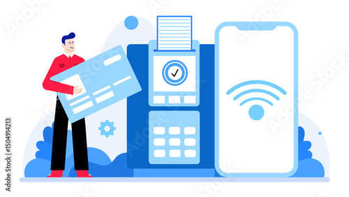 Man holds a credit card near a pos terminal and phone. Suitable for financial transactions, payment methods, online shopping concepts.