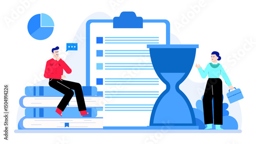 Conceptual image of a man sitting on books and a woman standing with a briefcase, symbolizing education, career, teamwork, knowledge. Suitable for educational and business designs.