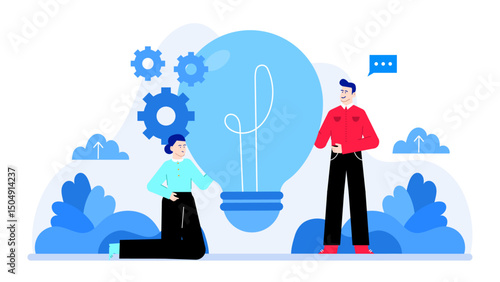 Blue light bulb with gears and two people; innovation concept suitable for technology, teamwork, creativity, brainstorming, and engineering designs.