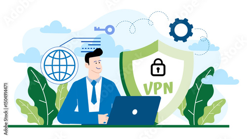 Man in blue suit using laptop with VPN shield. Perfect for cybersecurity, online privacy, remote work, internet security concepts.