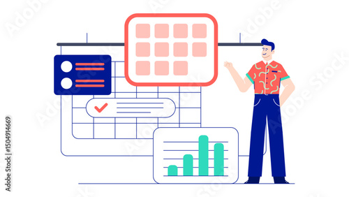 Project manager overseeing agile workflow. Man pointing at a bar graph symbolizing growth, progress, and success.