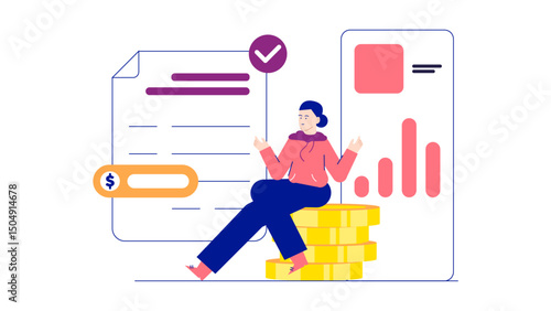 Person on gold coins with checkmark on document. Smart budgeting tools for small business owners