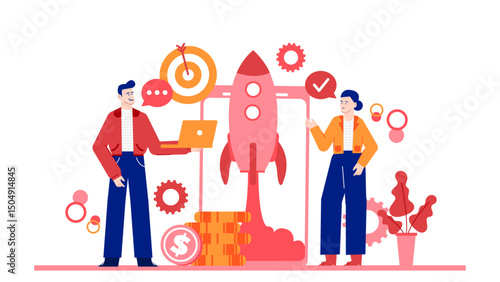Man and woman stand by rocket. Ideal for science, technology, teamwork, innovation, exploration, space travel, partnership, and futuristic concepts.