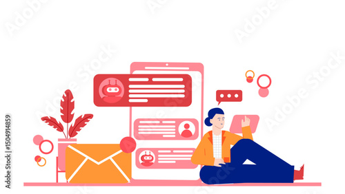 Woman chats with a chatbot on smartphone. Suitable for technology blogs, social media posts, AI and communication concept designs.