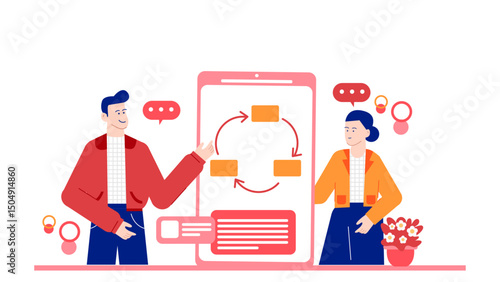 Two people talking and looking at a phone, discussing social media, technology, communication, modern lifestyles, digital devices, online interaction.